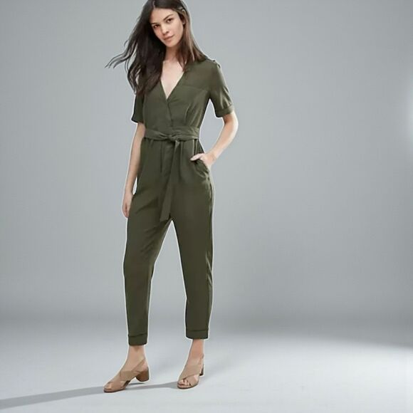 French Connection Olive Tencel Jumpsuit 8 Wrap Tie Military Casual - Picture 16 of 16
